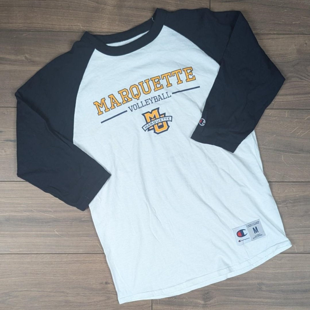 3/4 Sleeve White/Black Vintage Champion Volleyball Graphic Top
