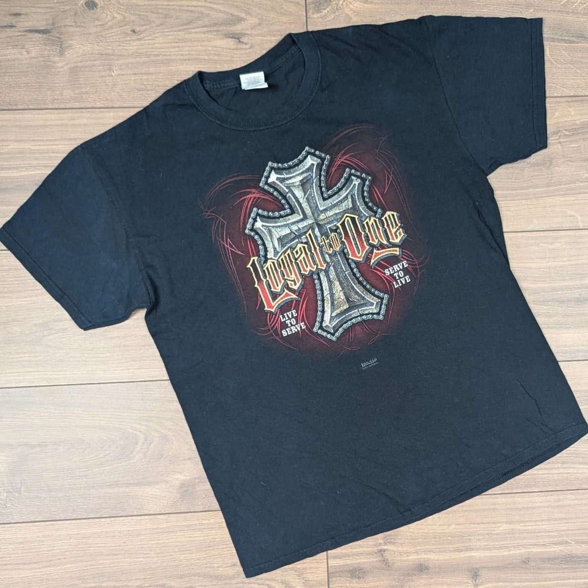 Black Vintage Cross Loyal to One Graphic T-Shirt Size L Y2K