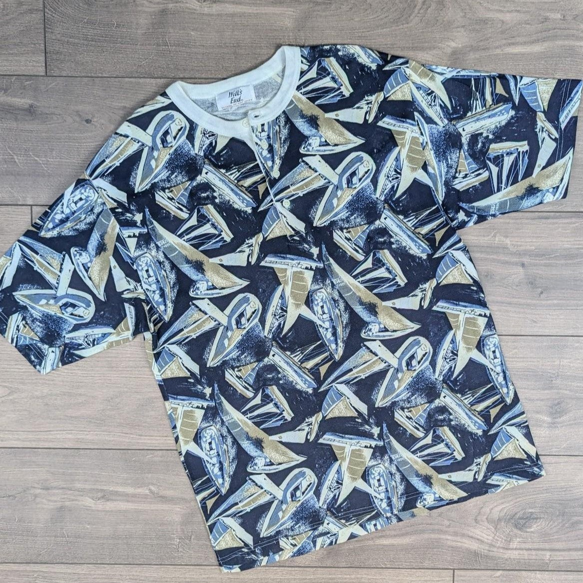 80's Vintage Designer Nautical Boat Pattern Polo Top T-Shirt Men's XL