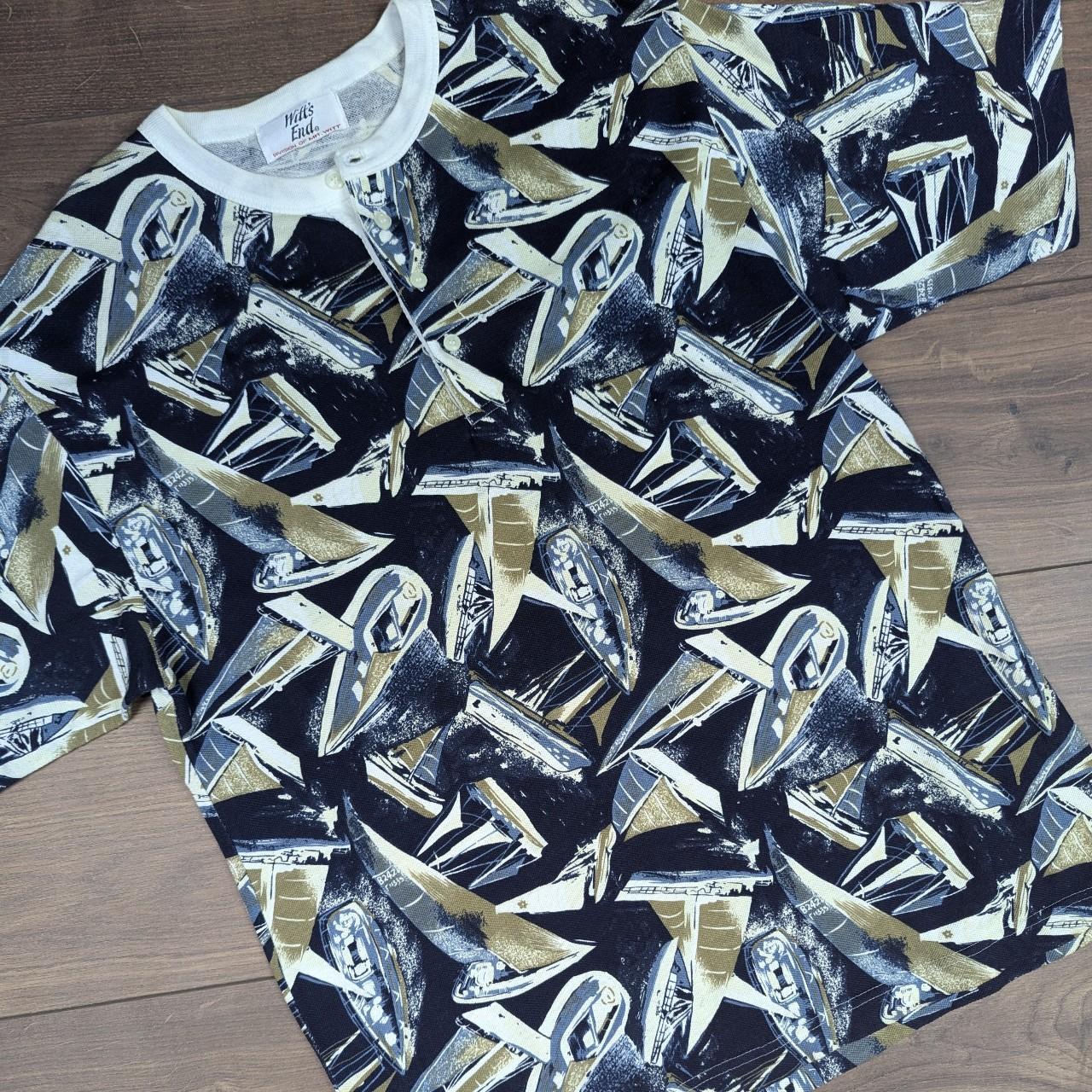 80's Vintage Designer Nautical Boat Pattern Polo Top T-Shirt Men's XL