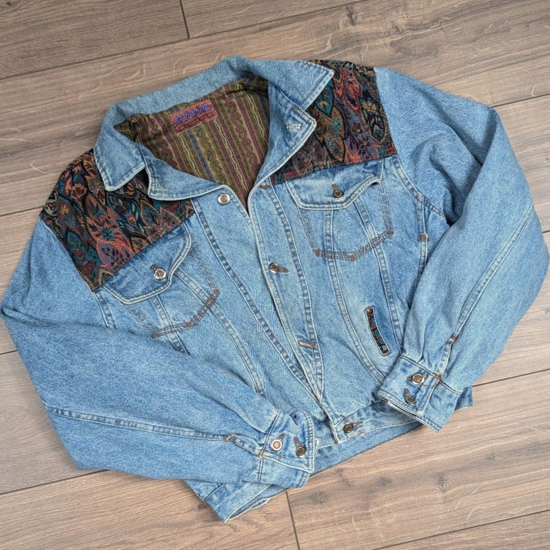 80's Vintage Cavallino Floral Paisley Lined Boxy Fit Denim Jacket