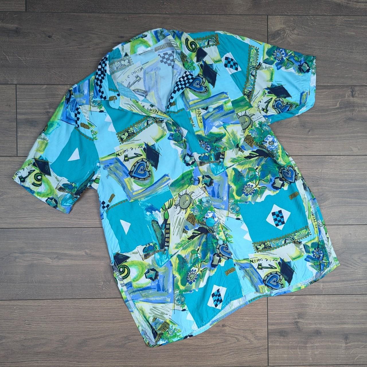 Green & Blue Vintage 80's 90'S Pattern Blouse Shirt UK 16-18