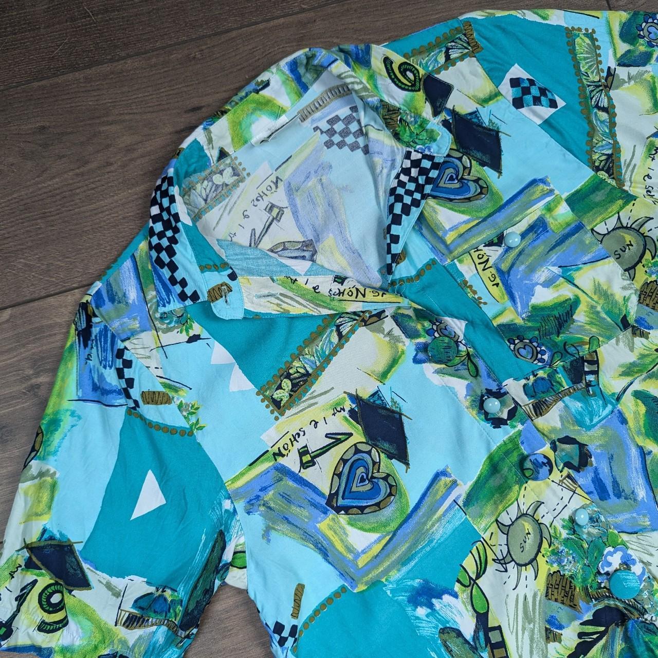 Green & Blue Vintage 80's 90'S Pattern Blouse Shirt UK 16-18