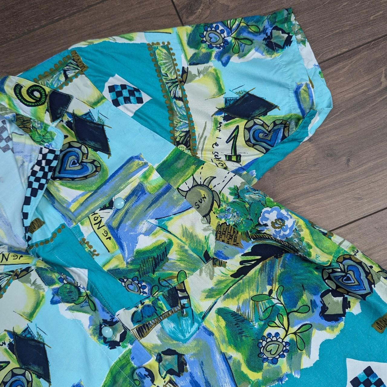 Green & Blue Vintage 80's 90'S Pattern Blouse Shirt UK 16-18