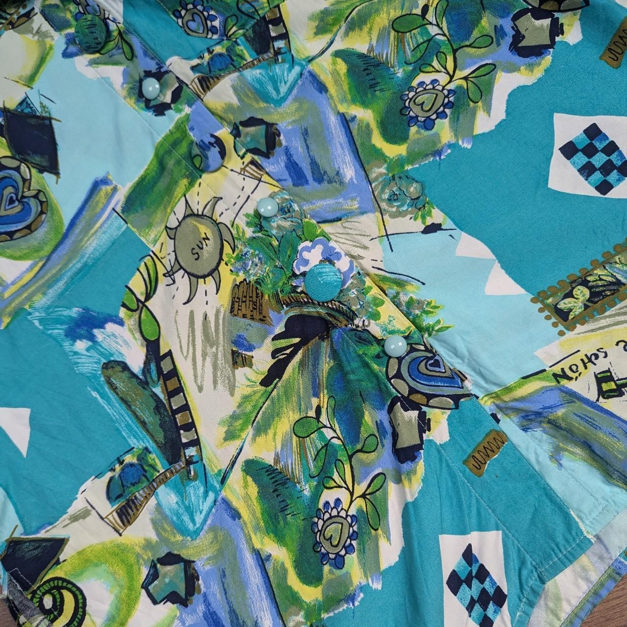 Green & Blue Vintage 80's 90'S Pattern Blouse Shirt UK 16-18