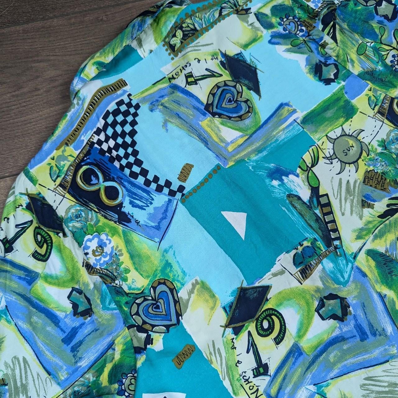 Green & Blue Vintage 80's 90'S Pattern Blouse Shirt UK 16-18