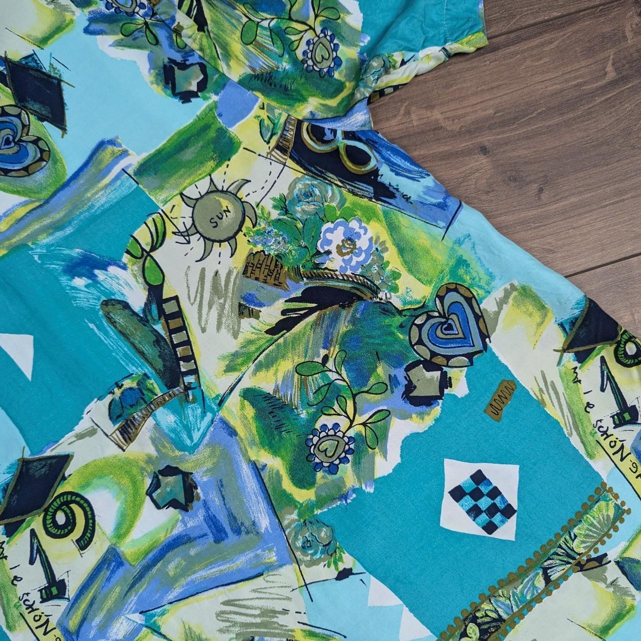 Green & Blue Vintage 80's 90'S Pattern Blouse Shirt UK 16-18