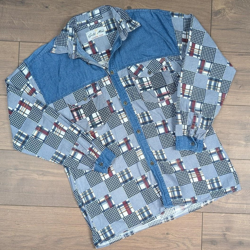 Vintage Block Pattern 90's Blue Denim Shirt Overshirt Size XL