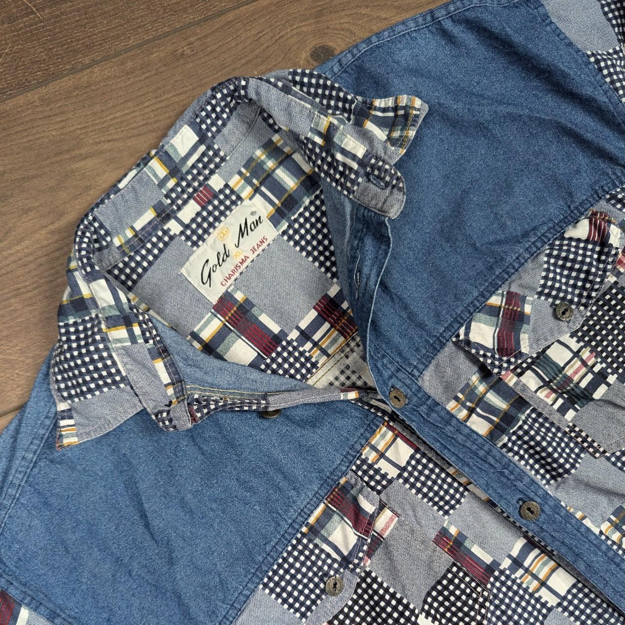 Vintage Block Pattern 90's Blue Denim Shirt Overshirt Size XL