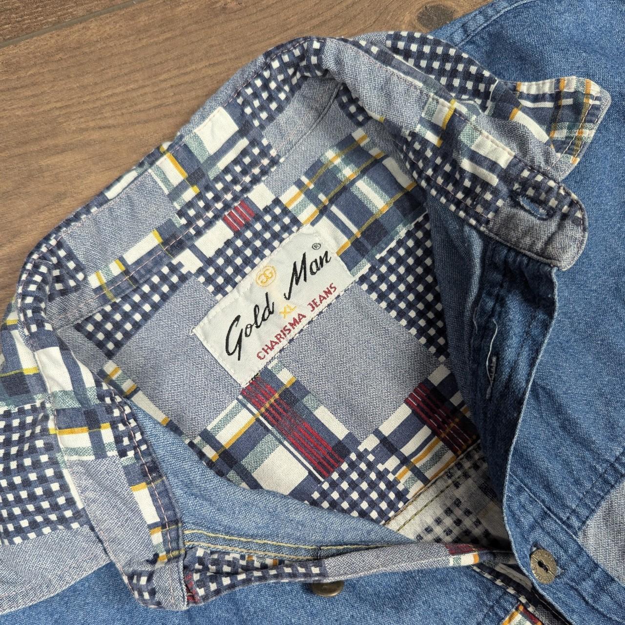 Vintage Block Pattern 90's Blue Denim Shirt Overshirt Size XL