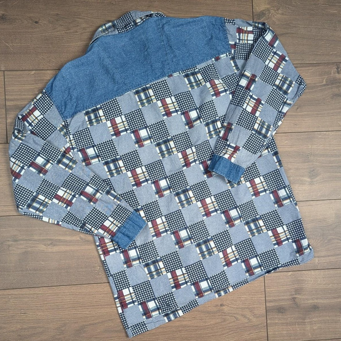 Vintage Block Pattern 90's Blue Denim Shirt Overshirt Size XL