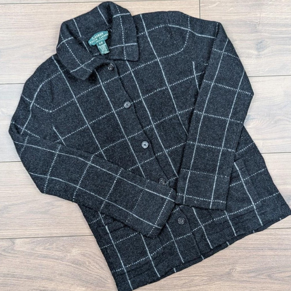 Vintage Lauren Ralph Lauren Petite 100% Lamb's Wool Check Cardigan Women's S