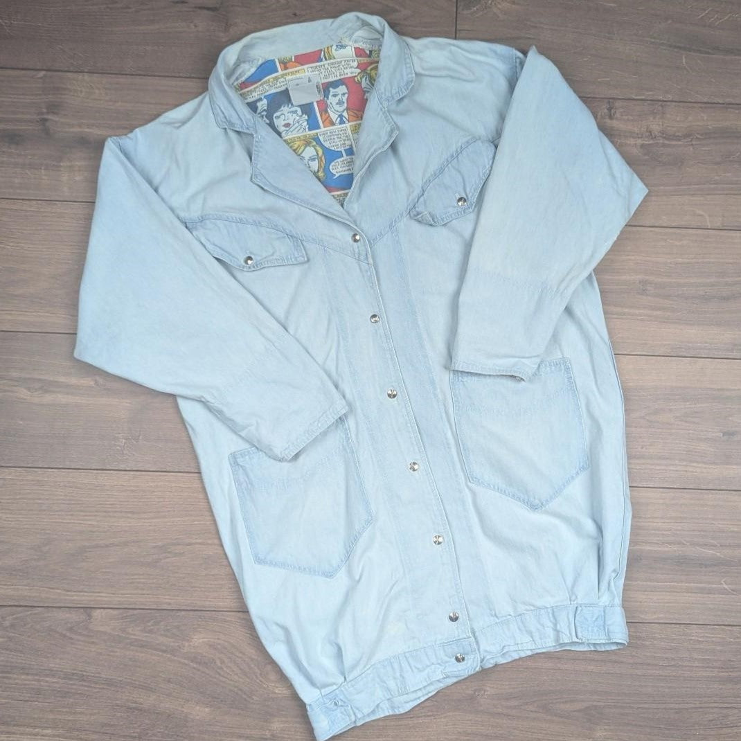 Vintage Oxford Street Paris Long Cocoon Pop Art Long Denim Jacket Made in France