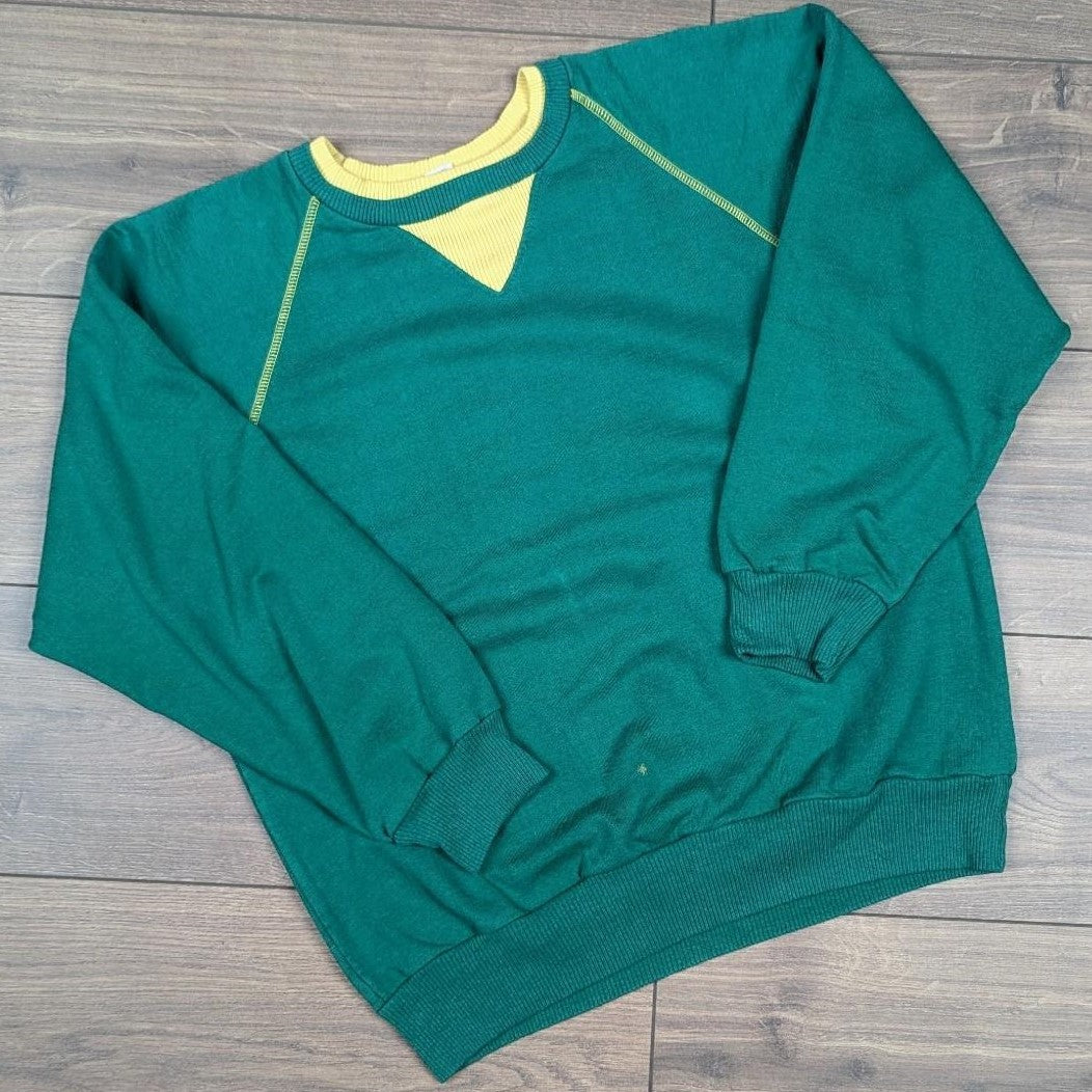 1980's Vintage Retro Green/Yellow Plain Boxy Fit Jumper/Sweatshirt