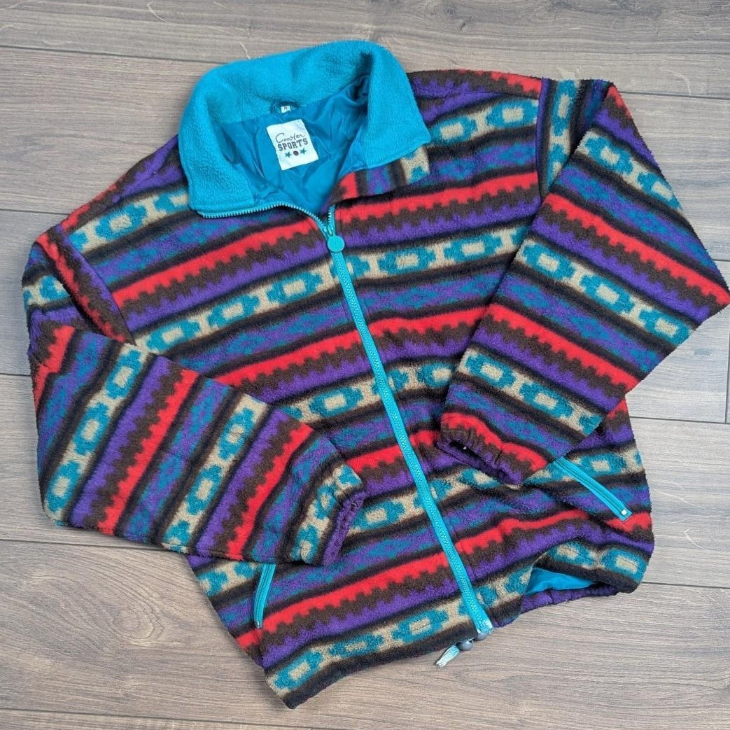 Vintage Purple/Blue/Red Pattern Winter Thick Lined Fleece Coat Jacket Men's M