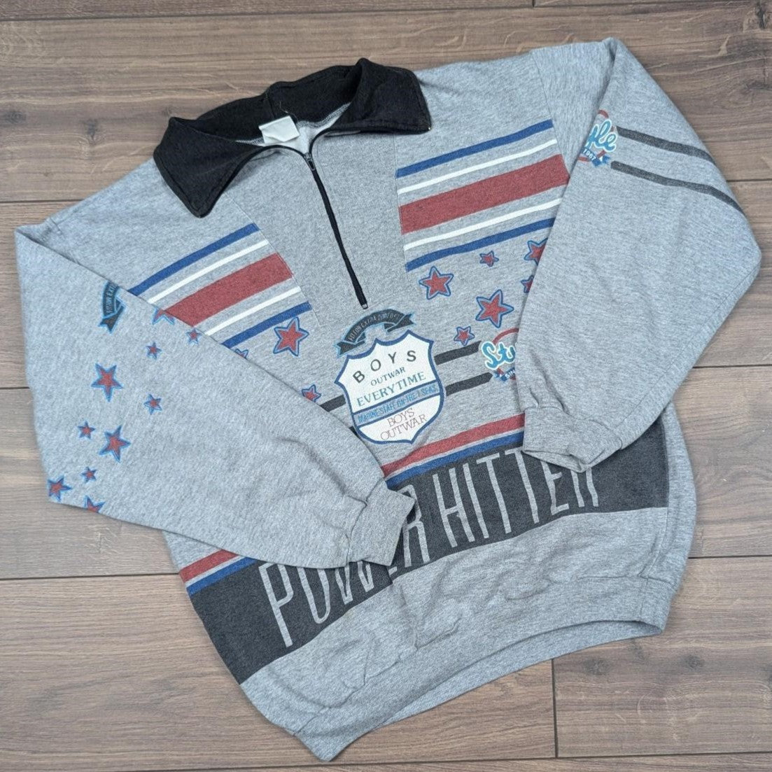 Vintage 80's Grey Quarter Zip Baseball Power Hitter Graphic Sweatshirt