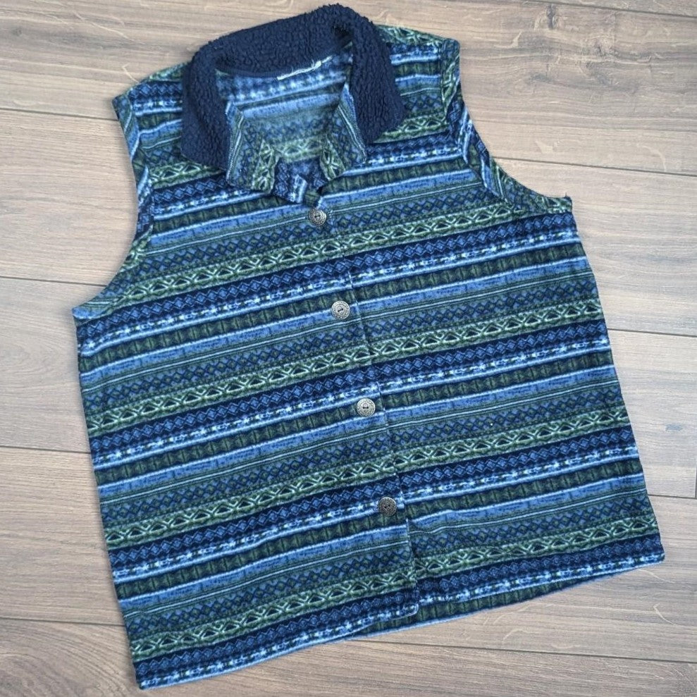 Vintage Crazy Pattern Fleece Button Vest Waistcoat Gilet Men's L/XL