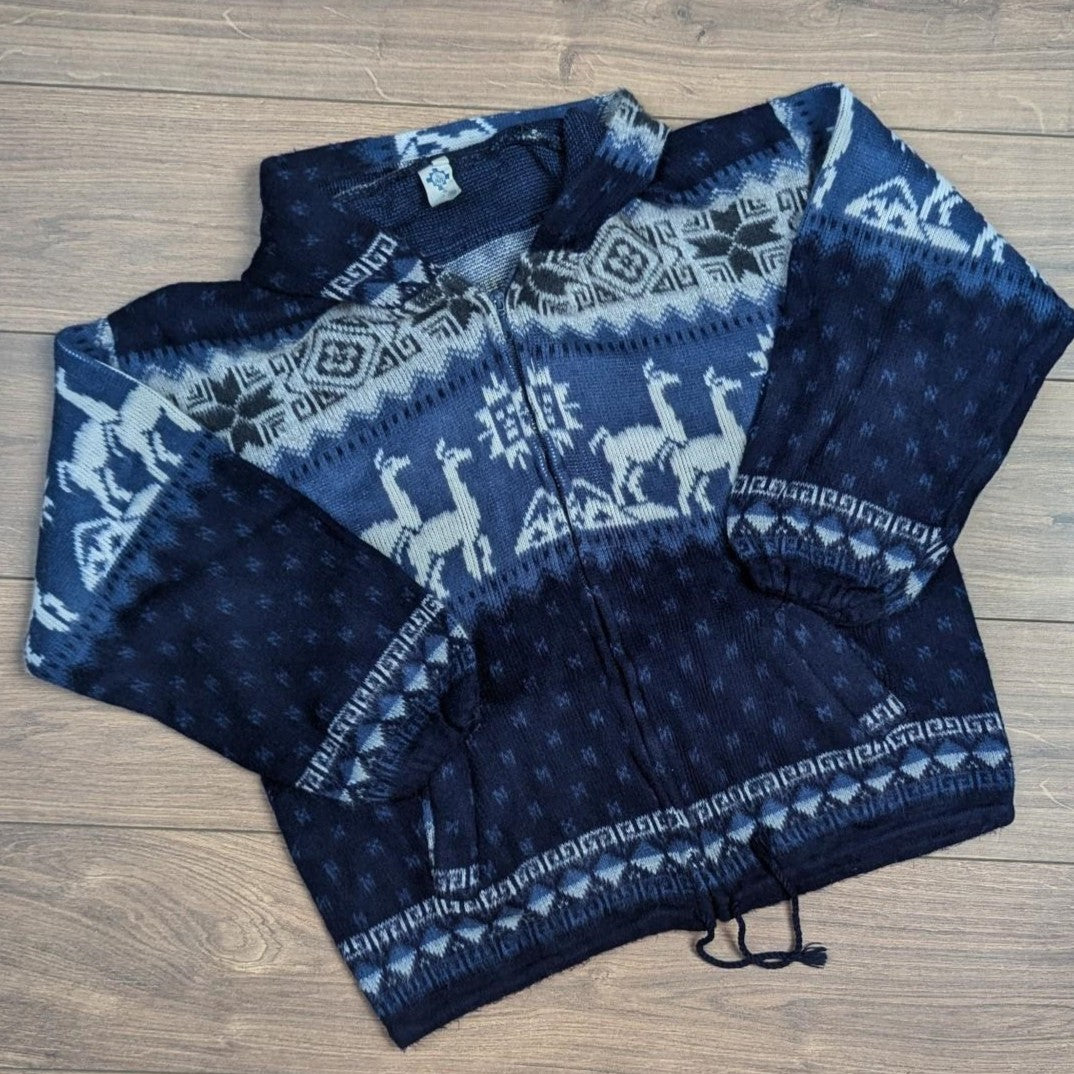 Vintage Blue/White 90s Icelandic Llama Winter Pattern Hooded Coat Jacket Men's S