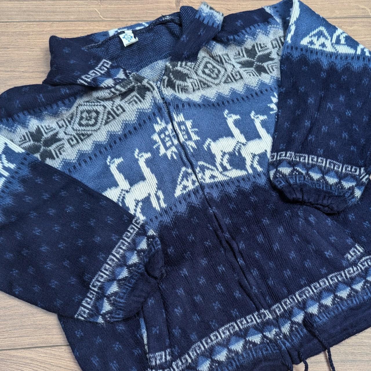 Vintage Blue/White 90s Icelandic Llama Winter Pattern Hooded Coat Jacket Men's S