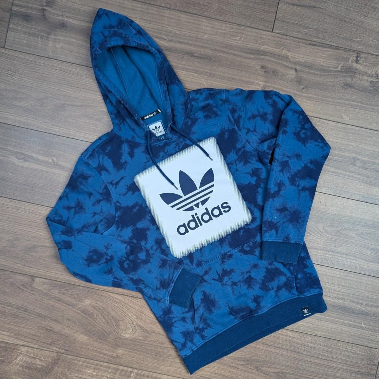 Blue Adidas Retro Tie Dye Trefoil Logo Spellout Baggy Oversized Hoodie Men's S