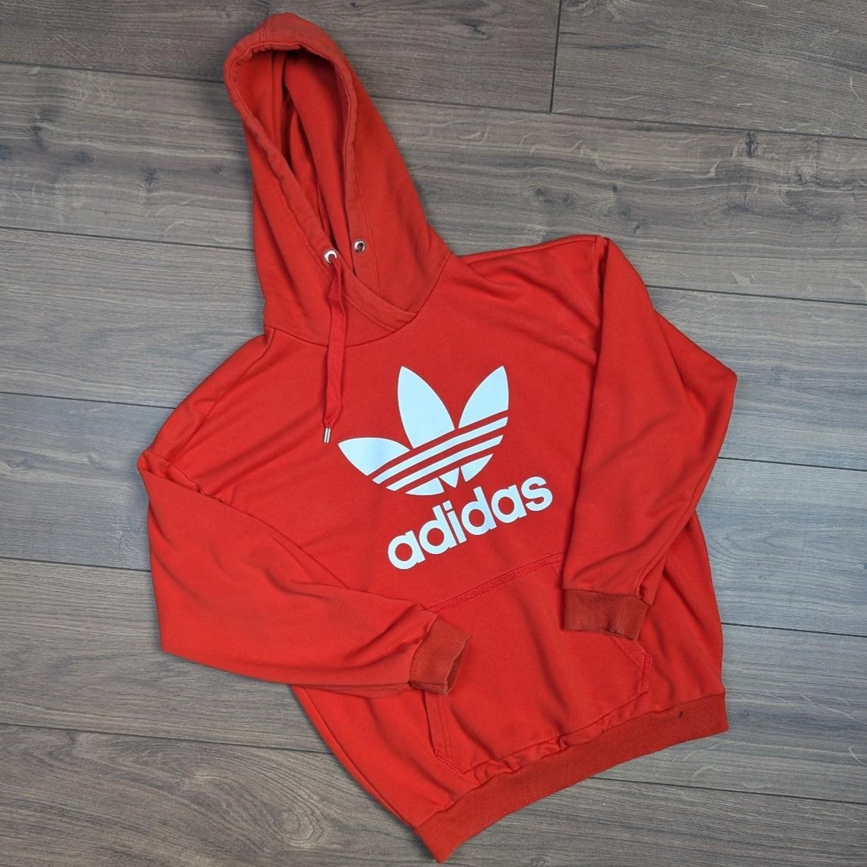 Red Adidas Trefoil Spellout Hoodie UK10/S Baggy Oversized