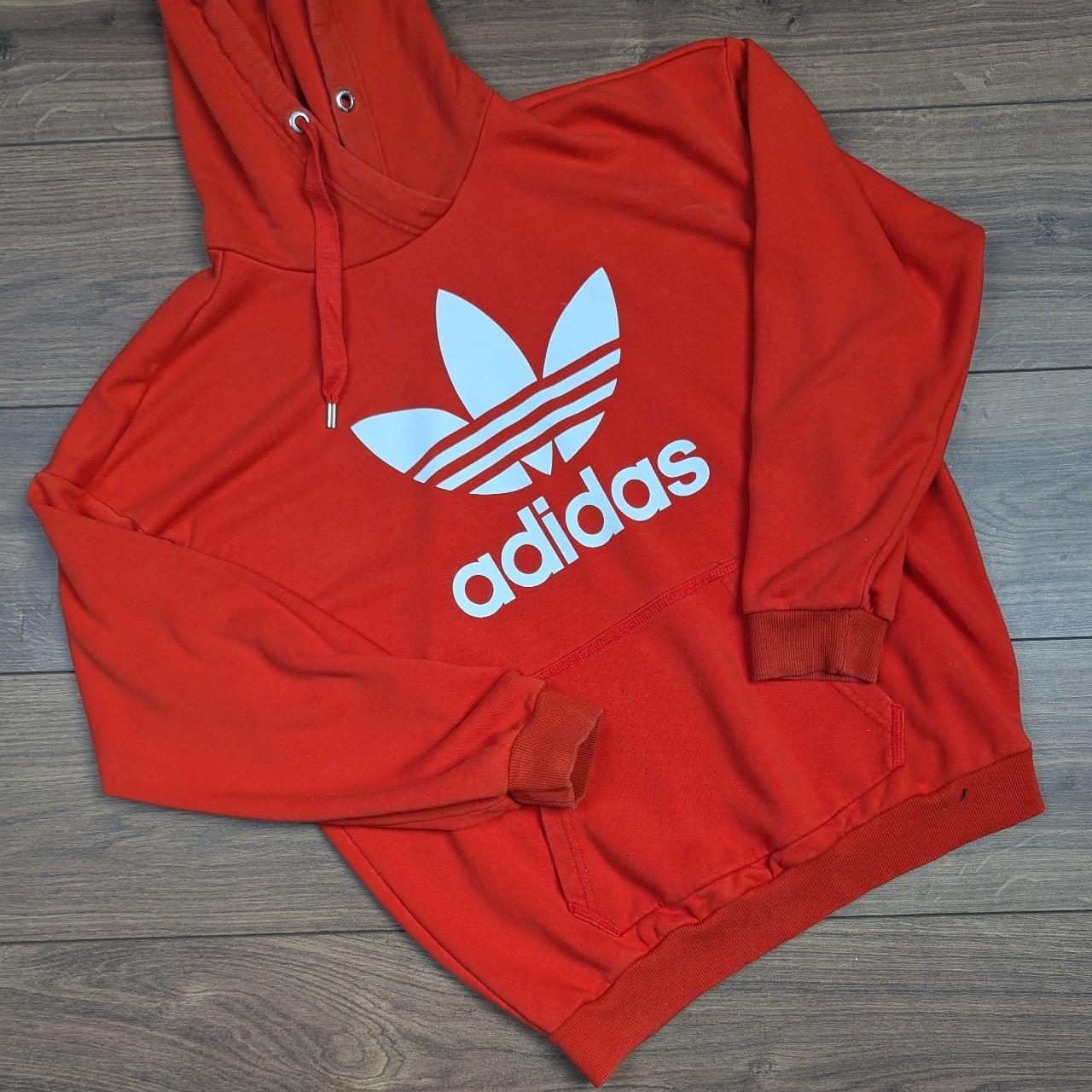 Red Adidas Trefoil Spellout Hoodie UK10/S Baggy Oversized