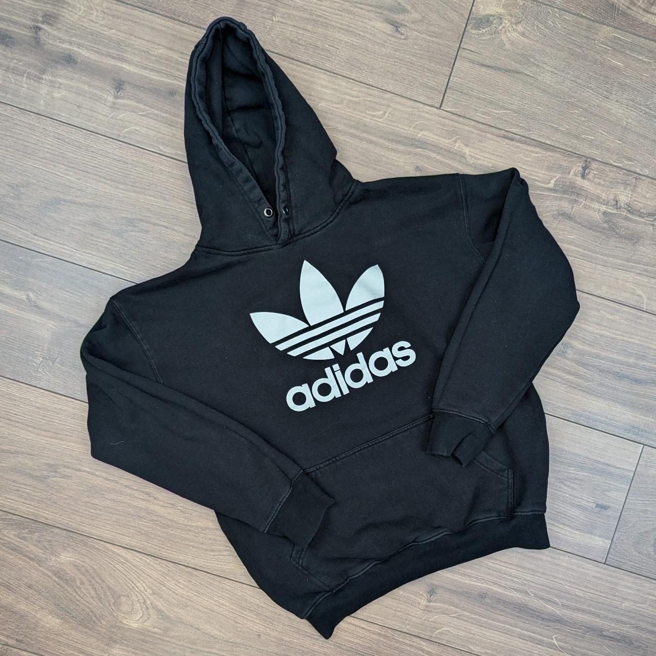 Black and White Adidas Graphic Trefoil Logo Spellout Hoodie Women's M