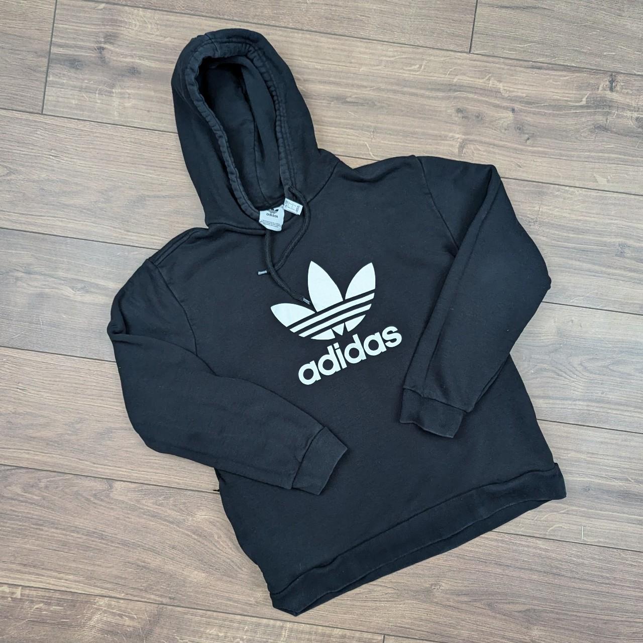 Black/White Adidas Graphic Retro Trefoil Logo Spellout Hoodie Women's L