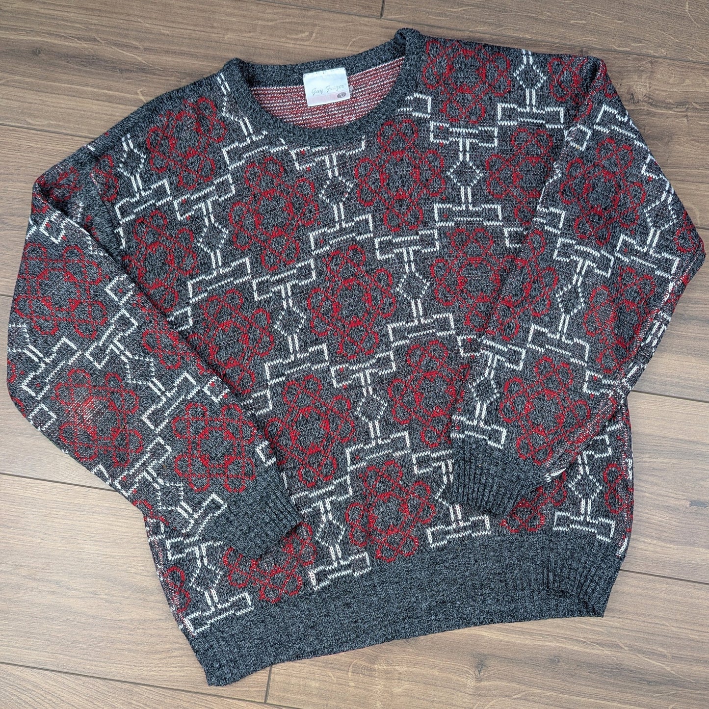 Grey & Red 80's Vintage Guy Frazer Pattern Knit Winter Ski Jumper Men's L