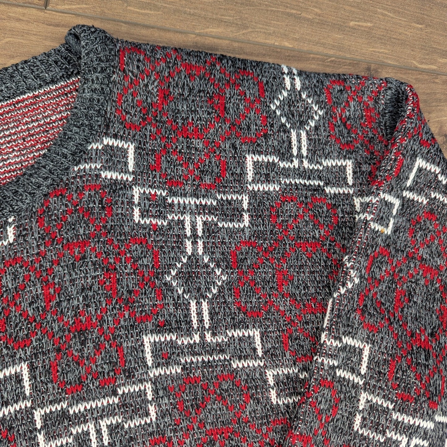 Grey & Red 80's Vintage Guy Frazer Pattern Knit Winter Ski Jumper Men's L