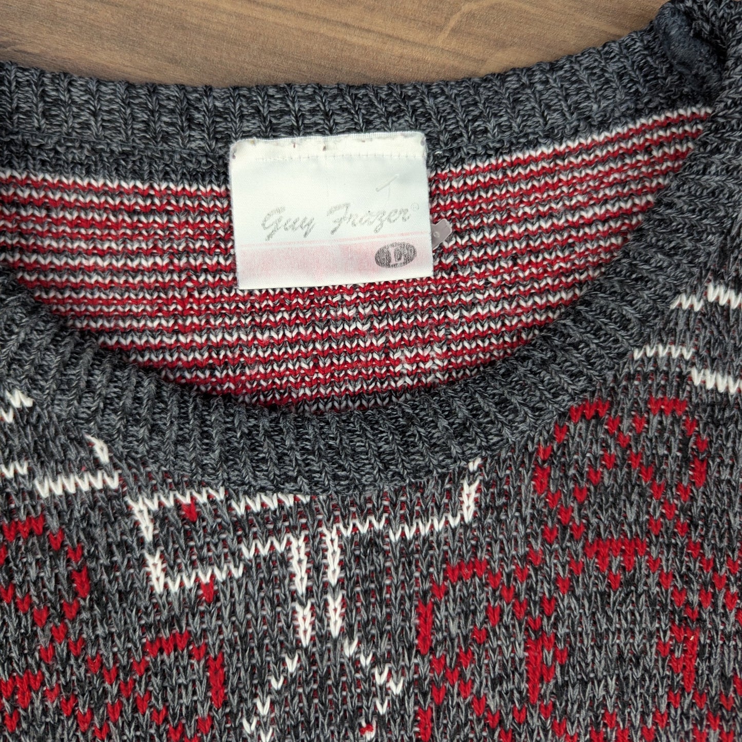 Grey & Red 80's Vintage Guy Frazer Pattern Knit Winter Ski Jumper Men's L