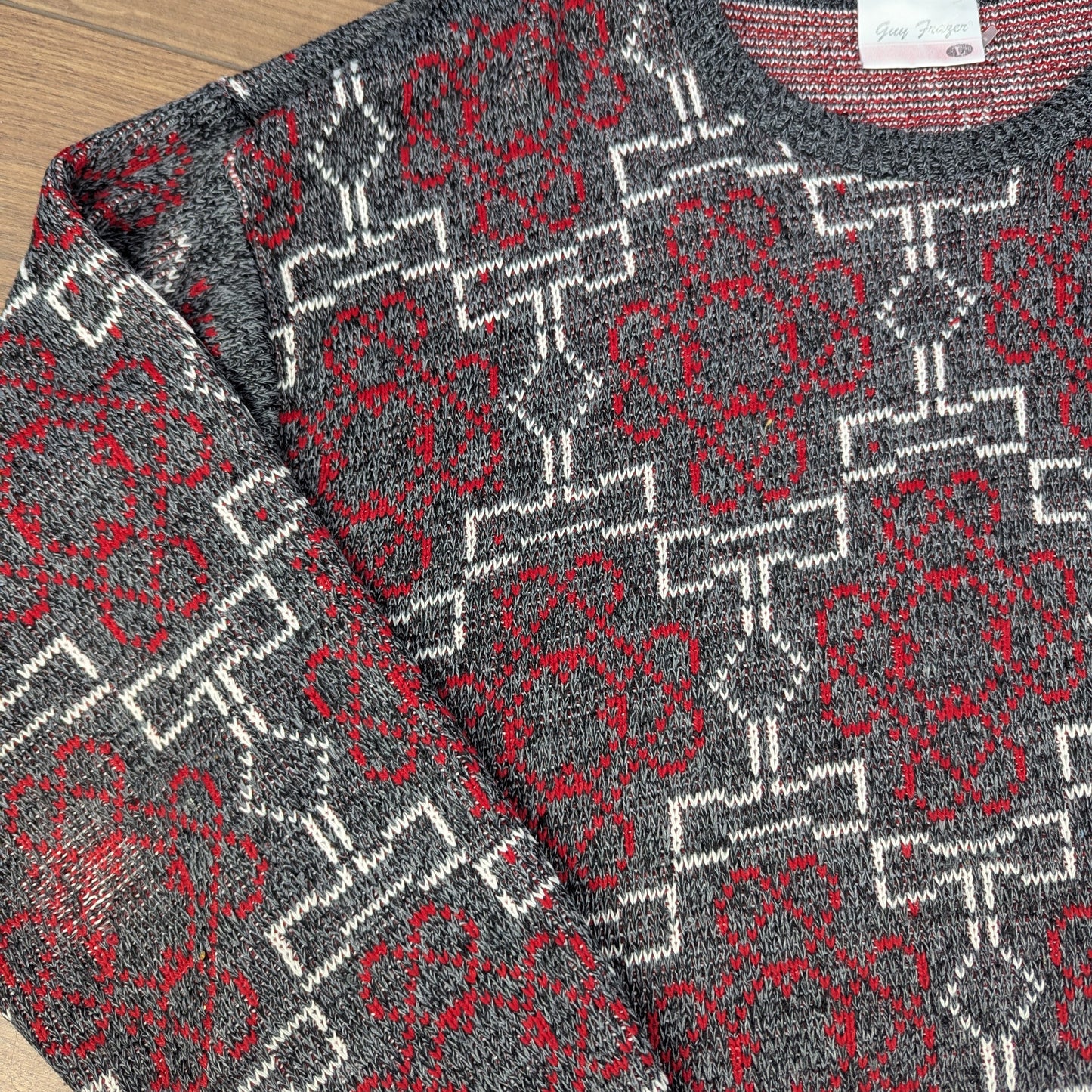 Grey & Red 80's Vintage Guy Frazer Pattern Knit Winter Ski Jumper Men's L