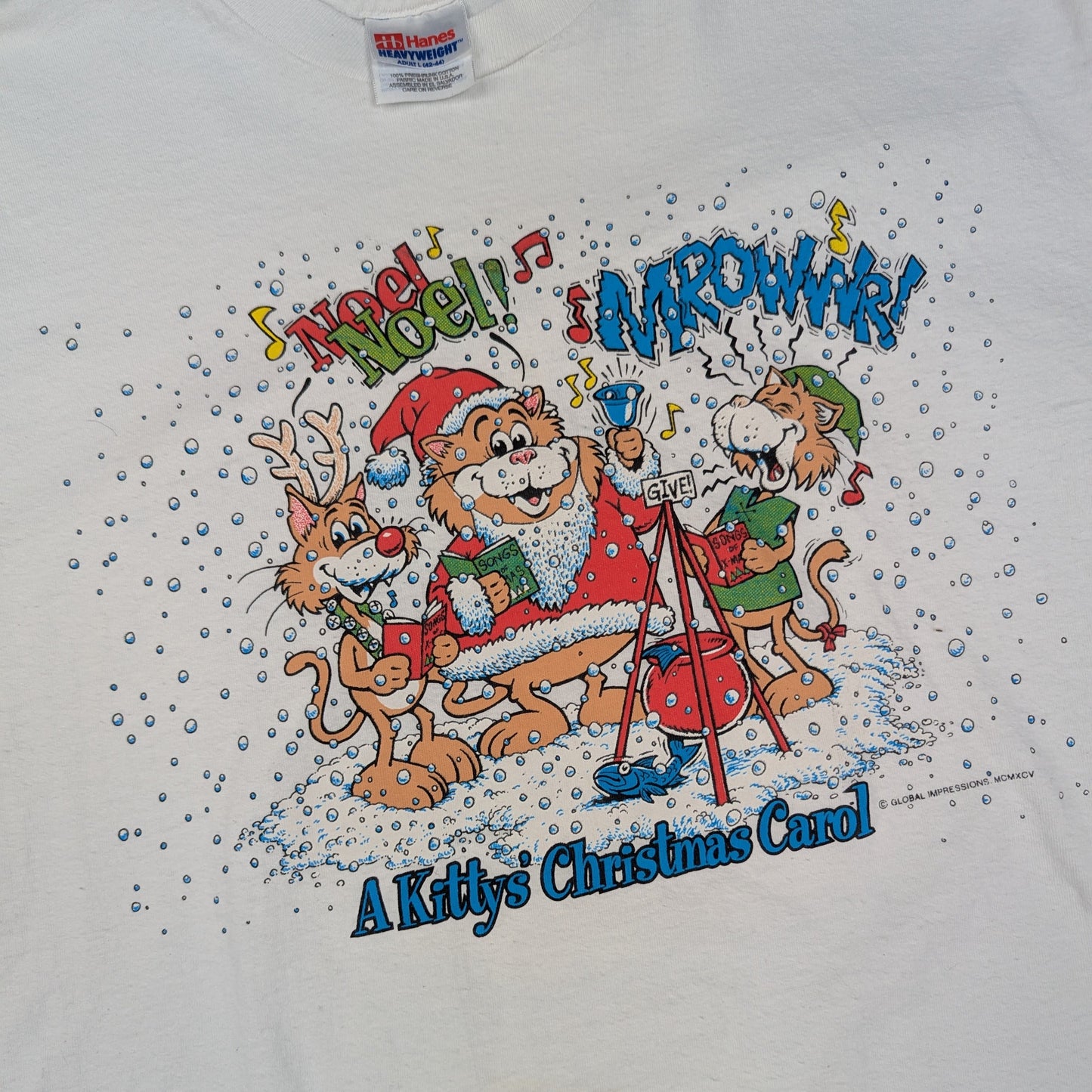 Vintage 90'S Christmas Cartoon Funny Cat Graphic T-Shirt Size L