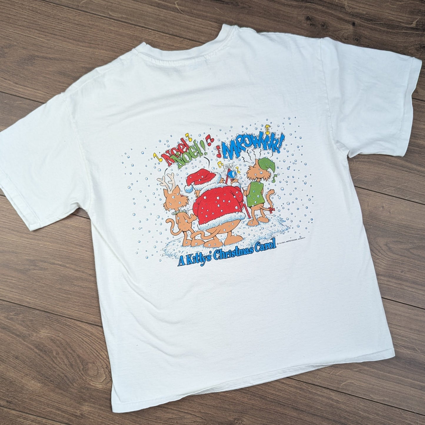Vintage 90'S Christmas Cartoon Funny Cat Graphic T-Shirt Size L