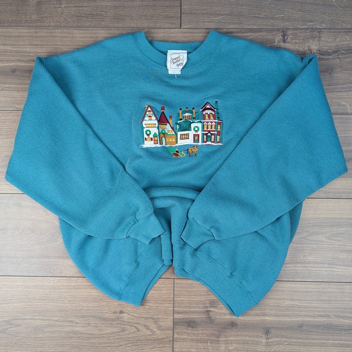 Vintage 80's Peanut Butter & Jelly Embroidered Green Christmas Jumper Sweatshirt