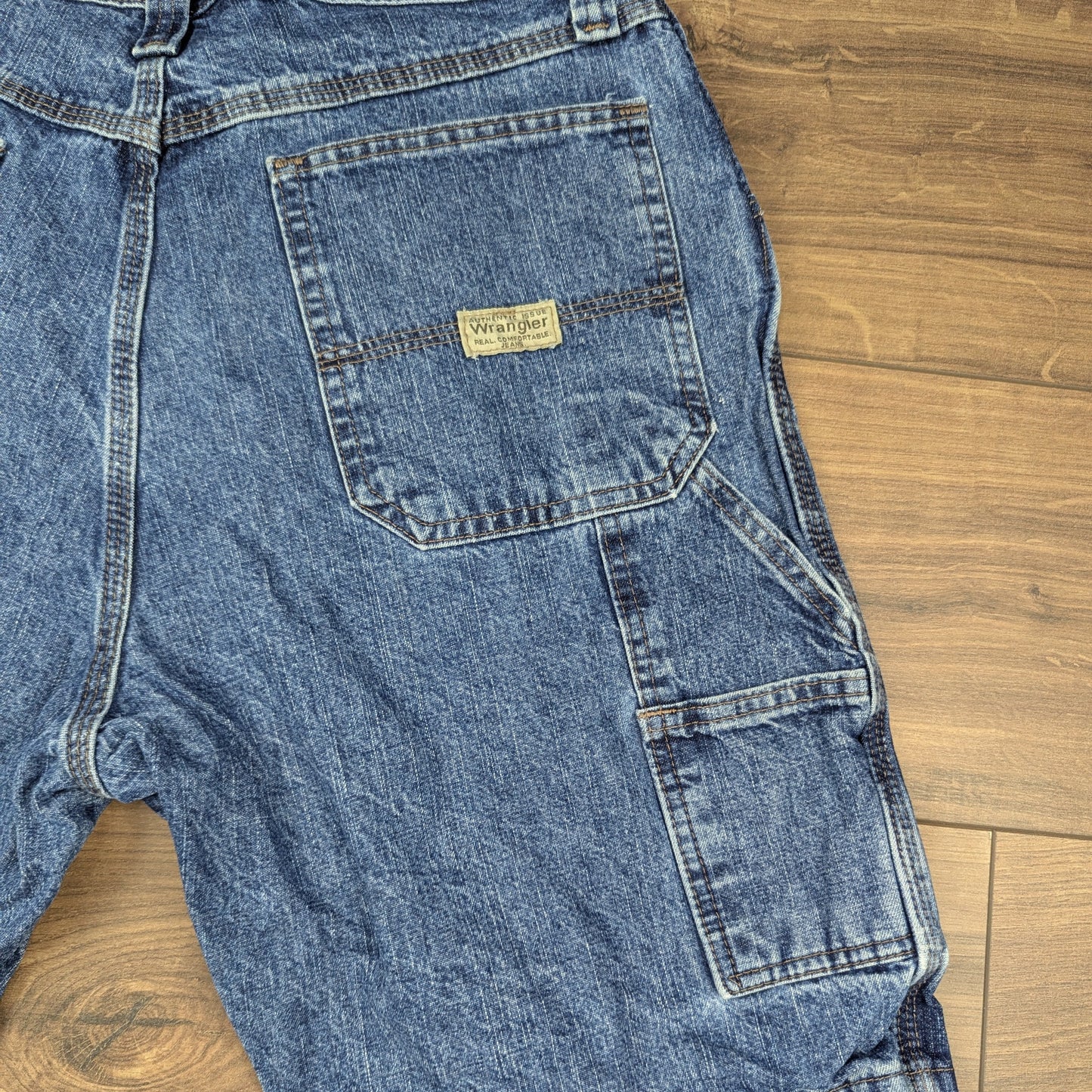 Blue Vintage Wrangler Carpenter Cargo Utility Hip-Hop Denim Shorts Jorts W33