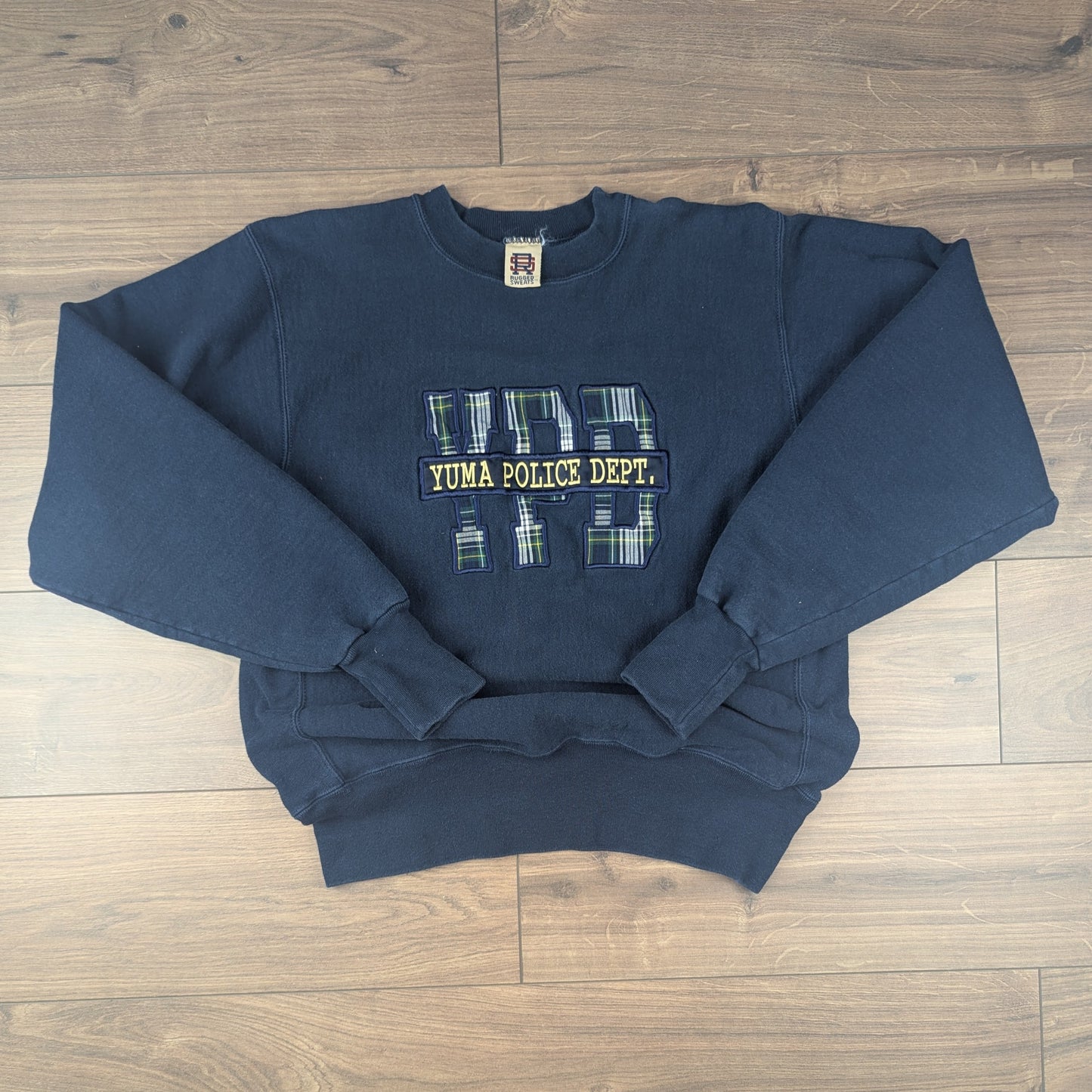 Vintage 90's Yuma Police Dept. Embroidered Tartan Navy Graphic Sweatshirt Size L