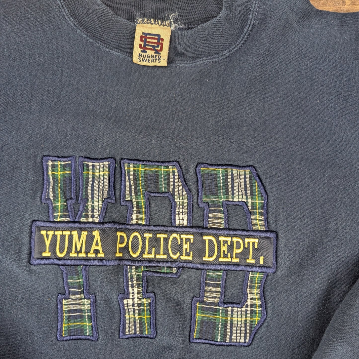 Vintage 90's Yuma Police Dept. Embroidered Tartan Navy Graphic Sweatshirt Size L