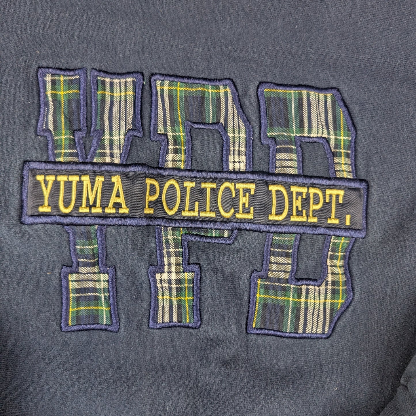 Vintage 90's Yuma Police Dept. Embroidered Tartan Navy Graphic Sweatshirt Size L