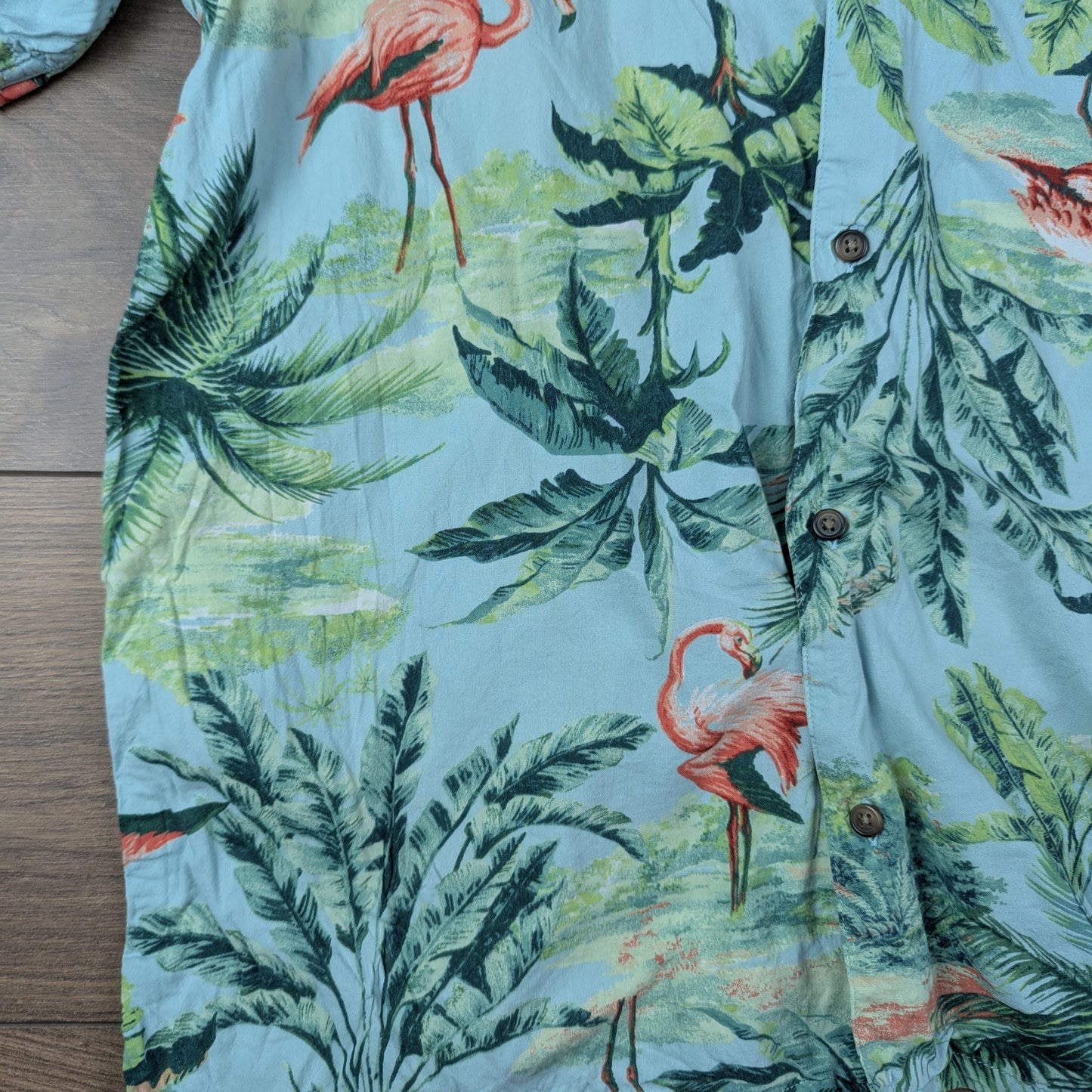 Old Navy Blue Vintage Flamingo Print Hawaiian Pattern Shirt Size L