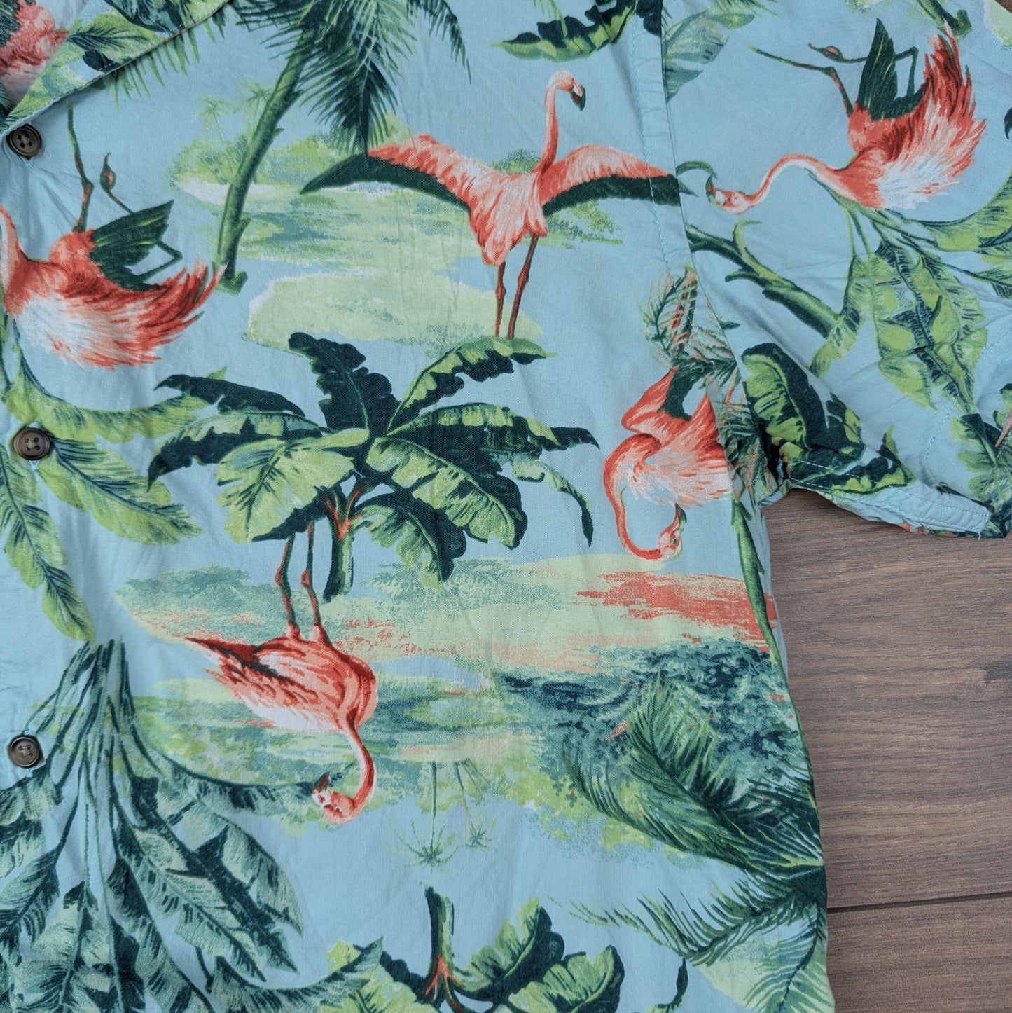 Old Navy Blue Vintage Flamingo Print Hawaiian Pattern Shirt Size L