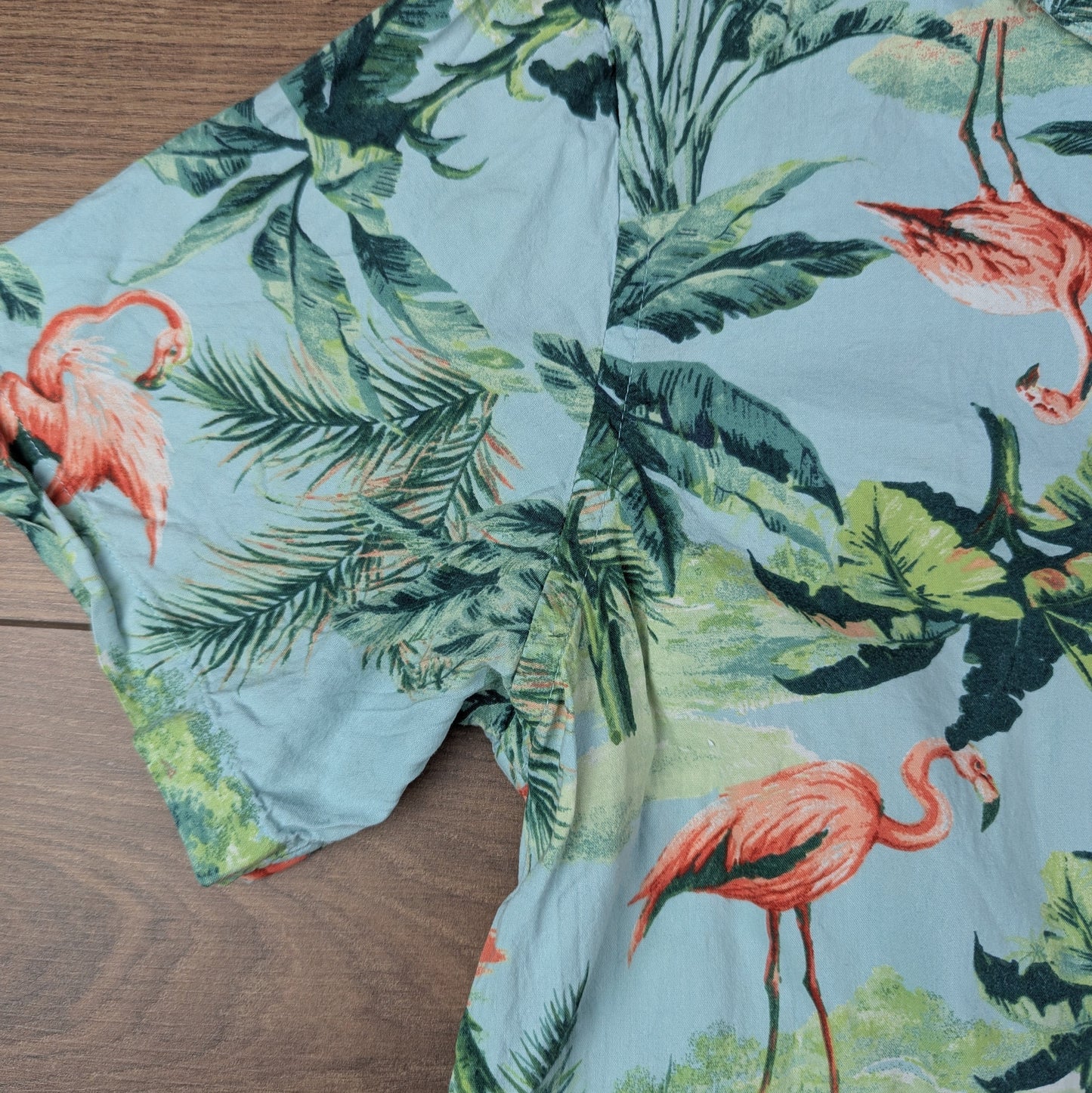 Old Navy Blue Vintage Flamingo Print Hawaiian Pattern Shirt Size L