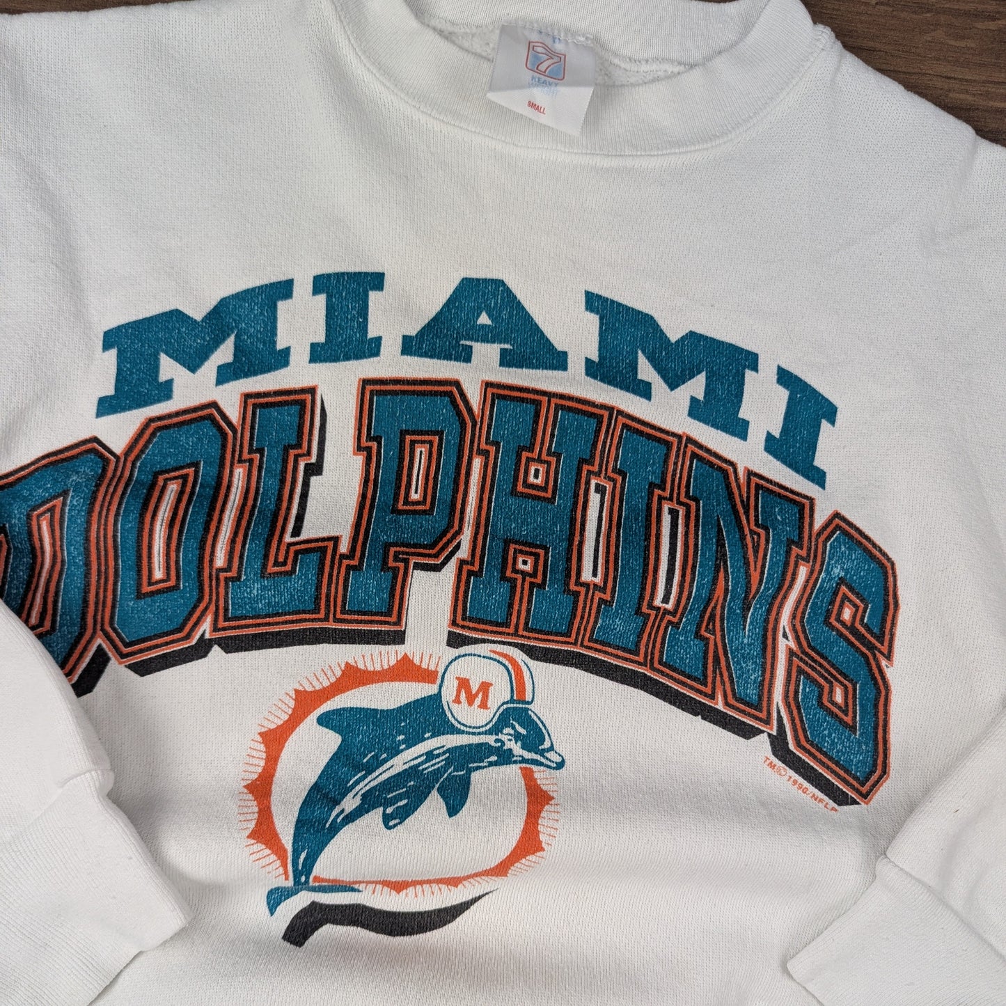 90's Vintage Miami Dolphins NFL White/Turquoise Logo 7 Sweatshirt Size S