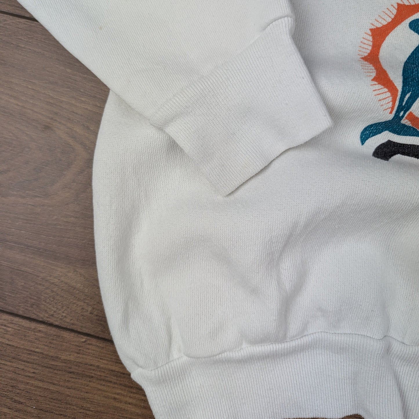 90's Vintage Miami Dolphins NFL White/Turquoise Logo 7 Sweatshirt Size S