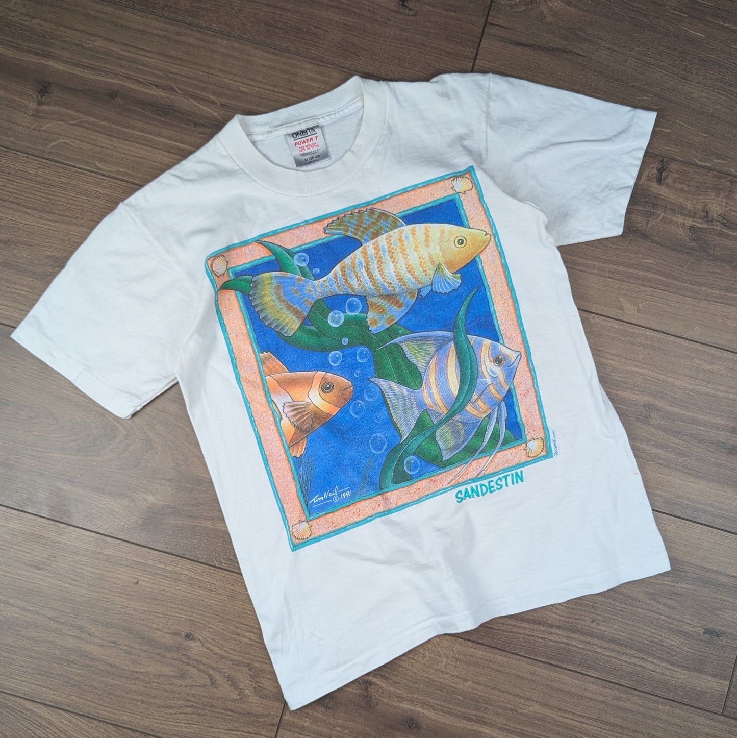 Vintage 90's Single Stitch Oneita Tim Neil Art Sandestin Fish T-Shirt Size S