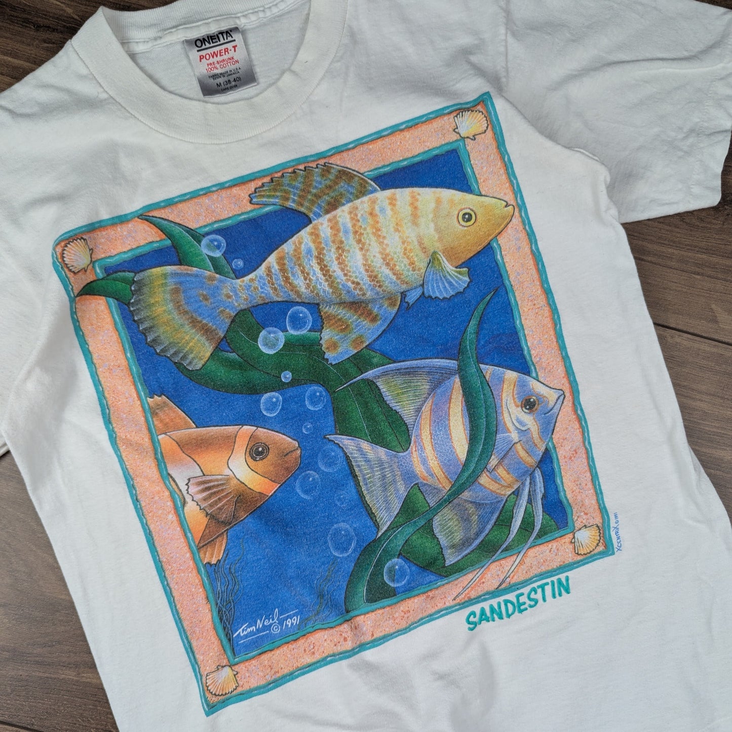 Vintage 90's Single Stitch Oneita Tim Neil Art Sandestin Fish T-Shirt Size S