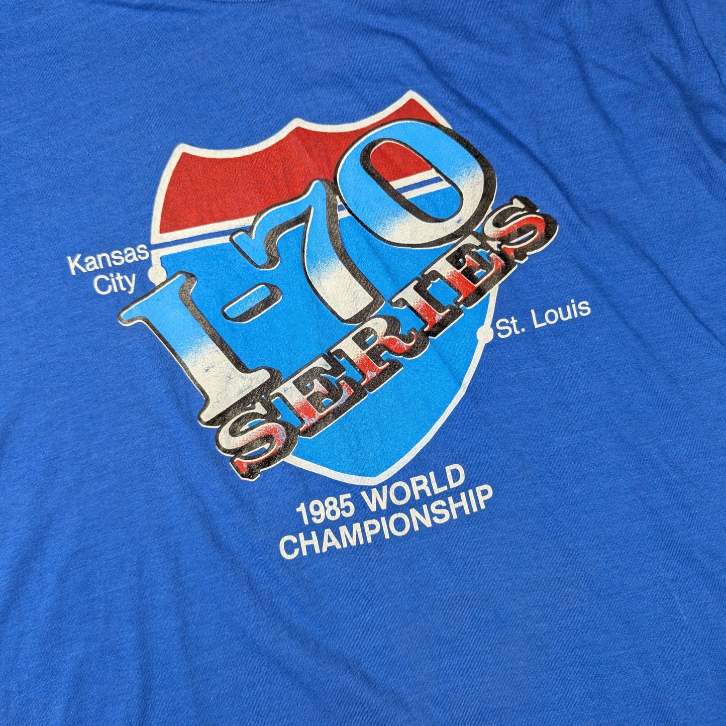 Vintage Blue Single Stitch '85 i-70 Series Kansas World Champ T-Shirt