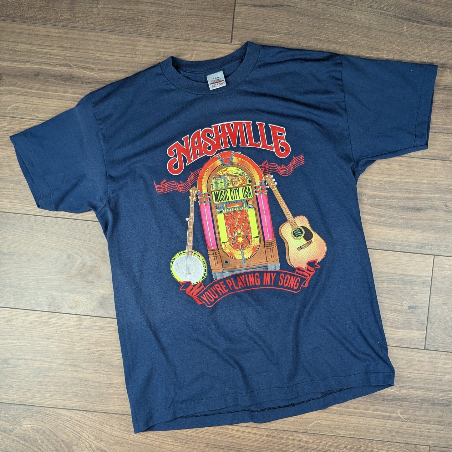 Vintage 80's Single Stitch Blue Nashville Music T-Shirt Made in USA Size XL