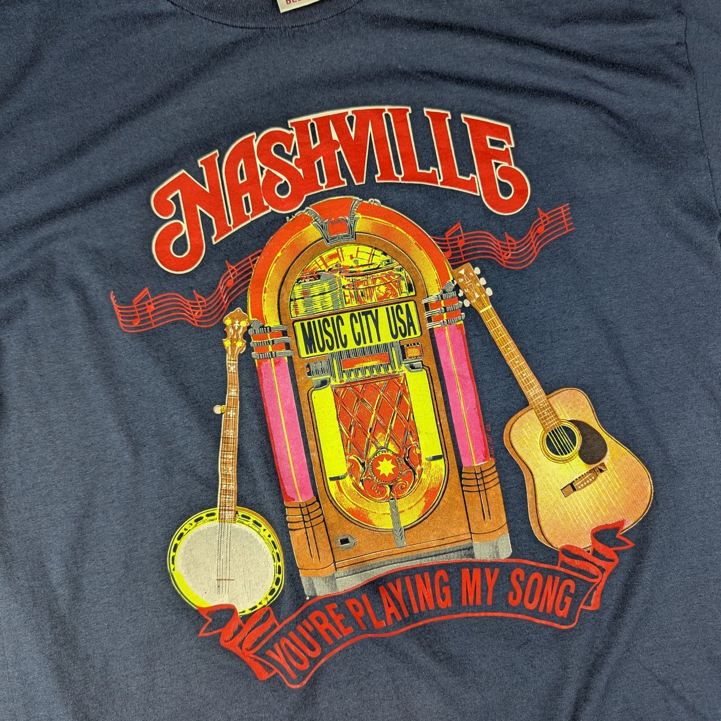 Vintage 80's Single Stitch Blue Nashville Music T-Shirt Made in USA Size XL