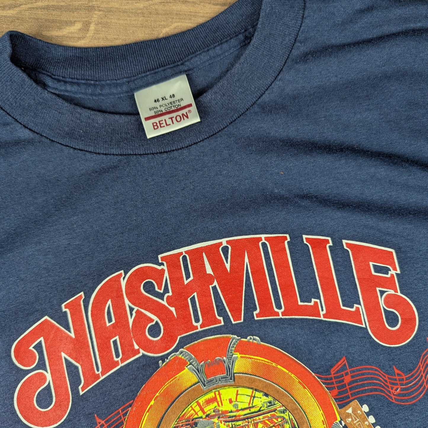 Vintage 80's Single Stitch Blue Nashville Music T-Shirt Made in USA Size XL
